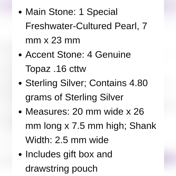 🎁NWT Sterling Silver Genuine Cultured FreshWater White Pearl & Round Topaz Ring - Picture 7 of 12